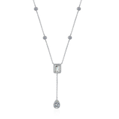 StarGems® Emerald Cut Tear Drop Tassel 3ct Moissanite 925 Silver Platinum Plated Necklace 40+5cm NX041