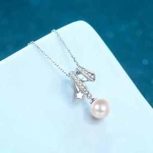 StarGems® 8mm River Pearl Shooting Star 0.24cttw Moissanite 925 Silver Platinum Plated Necklace 40+5cm NX075