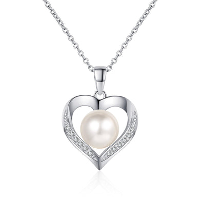 StarGems® 8mm River Pearl Hollow-Out Heart-Shape 0.096cttw Moissanite 925 Silver Platinum Plated Necklace 40+5cm NX089