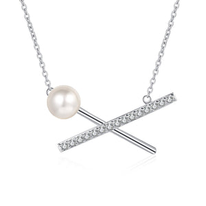 StarGems® 8mm River Pearl Cross Minimalist 0.375cttw Moissanite 925 Silver Platinum Plated Necklace 40+5cm NX065