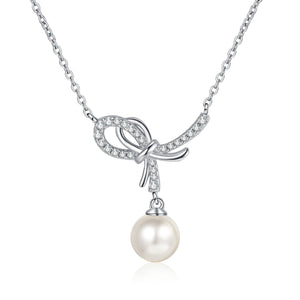 StarGems® 8mm River Pearl Bowknot 0.128cttw Moissanite 925 Silver Platinum Plated Necklace 40+5cm NX088