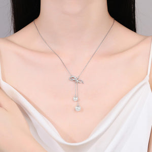 StarGems® 6mm River Pearl Bowknot Tassel 0.157cttw Moissanite 925 Silver Platinum Plated Necklace 40+5cm NX071