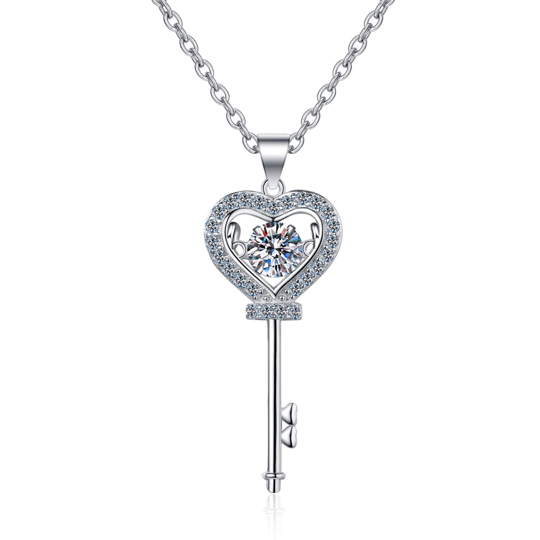StarGems® Heart&Key-Shape 0.5ct Moissanite 925 Silver Platinum Plated Necklace 40+5cm NX051