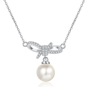 StarGems® 8mm River Pearl Bowknot 0.145cttw Moissanite 925 Silver Platinum Plated Necklace 40+5cm NX062