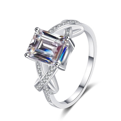 StarGems® Emerald Cut Four Prong Cross Band 3ct Moissanite 925 Silver Platinum Plated Ring RX050