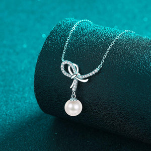 StarGems® 8mm River Pearl Bowknot 0.128cttw Moissanite 925 Silver Platinum Plated Necklace 40+5cm NX088