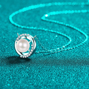 StarGems® 8mm River Pearl Hollow-Out Circle 0.18cttw Moissanite 925 Silver Platinum Plated Necklace 40+5cm NX074