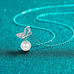 StarGems® 8mm River Pearl Butterfly 0.56cttw Moissanite 925 Silver Platinum Plated Necklace 40+5cm NX086
