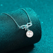 StarGems® 8mm River Pearl Bowknot 0.145cttw Moissanite 925 Silver Platinum Plated Necklace 40+5cm NX062