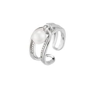 StarGems  Pearl Double Layer Knot Zircon Adjustable Handmade 925 Sterling Silver Ring C2507