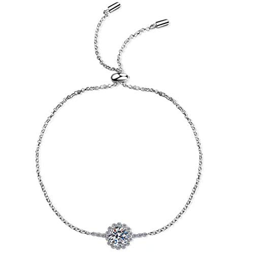 StarGems  1ct Moissanite 925 Silver Platinum Plated Zirconia Surrounded Adjustable Flower Bracelet B4726