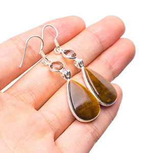 StarGems  Natural Tiger Eye and Smoky Quartz Handmade Unique 925 Sterling Silver Earrings 2" T4763