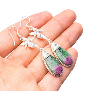 StarGems  Natural Ruby Zoisite Angel Handmade Boho Angle Shape 925 Sterling Silver Earrings 2 1/4" T4009