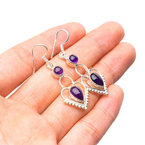 StarGems  Natural Amethyst Handmade Unique Heart Shape 925 Sterling Silver Earrings 1 3/4" T5248