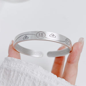 StarGems® Opening Lotus Leaf and 'Fu' Antique Finish Handmade 999 Sterling Silver Bangle Cuff Bracelet For Women Cb0059