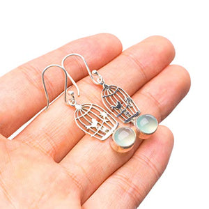 StarGems  Natural Chalcedony Handmade Boho Bird Cage Shape 925 Sterling Silver Earrings 1 1/2" T4384