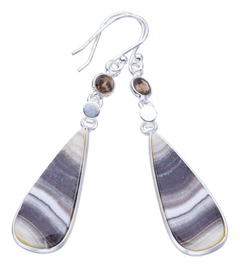 StarGems  Natural Zebra Calcite Smoky Quartz Handmade 925 Sterling Silver Earrings 2.25