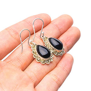 StarGems  Natural Black Onyx Handmade Vintage 925 Sterling Silver Earrings 1 1/2" T4870