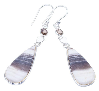 StarGems  Natural Zebra Calcite Smoky Quartz HeartHandmade 925 Sterling Silver Earrings 2.25