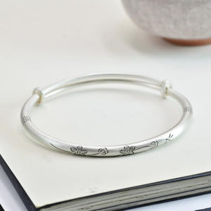 StarGems® Adjustable Carved Peach Blossom Handmade 999 Sterling Silver Bangle Bracelet For Women Cb0162