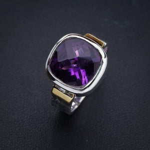 StarGems  Natural Amethyst Two Tones Handmade 925 Sterling Silver Ring 7.5 E9262