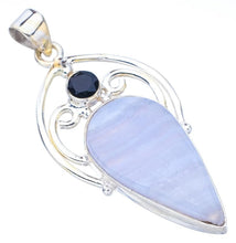 StarGems  Natural Blue Lace Agate Black OnyxHandmade 925 Sterling Silver Pendant 2" F4923