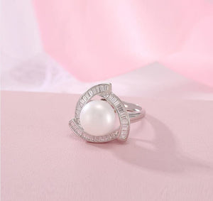 StarGems  Zircon Surrounded Triangle Pearl Adjustable Handmade 925 Sterling Silver Ring C2457