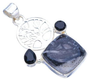 StarGems® Natural Pinolith Jasper Black Onyx Tree Handmade 925 Sterling Silver Pendant 1.75" F4535