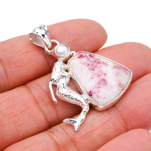 StarGems® Natural Rhodonite River Pearl MermaidHandmade 925 Sterling Silver Pendant 1.5" F3795