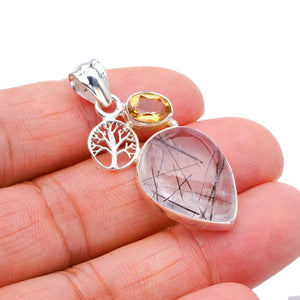 StarGems  Natural Rutilated Quartz Citrine Tree Handmade 925 Sterling Silver Pendant 1.5" F3923