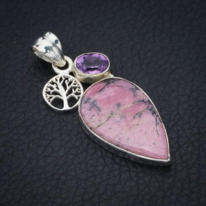 StarGems  Natural Rhodonite Amethyst Tree Handmade 925 Sterling Silver Pendant 1.75" F4884