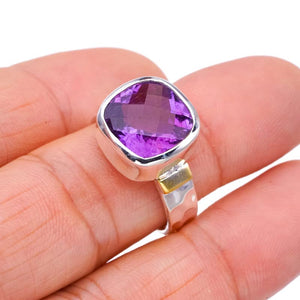 StarGems® Natural Amethyst Hammered Handmade 925 Sterling Silver Ring 8.75 F2892