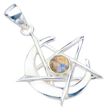 StarGems  Natural Blue Fire Labradorite Star And Moon Handmade 925 Sterling Silver Pendant 1.5" F5241