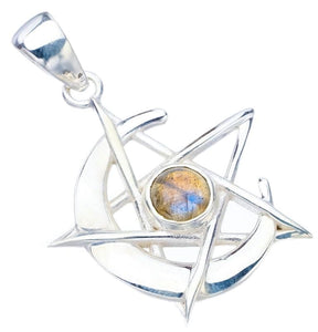 StarGems  Natural Blue Fire Labradorite Star And Moon Handmade 925 Sterling Silver Pendant 1.5" F5241