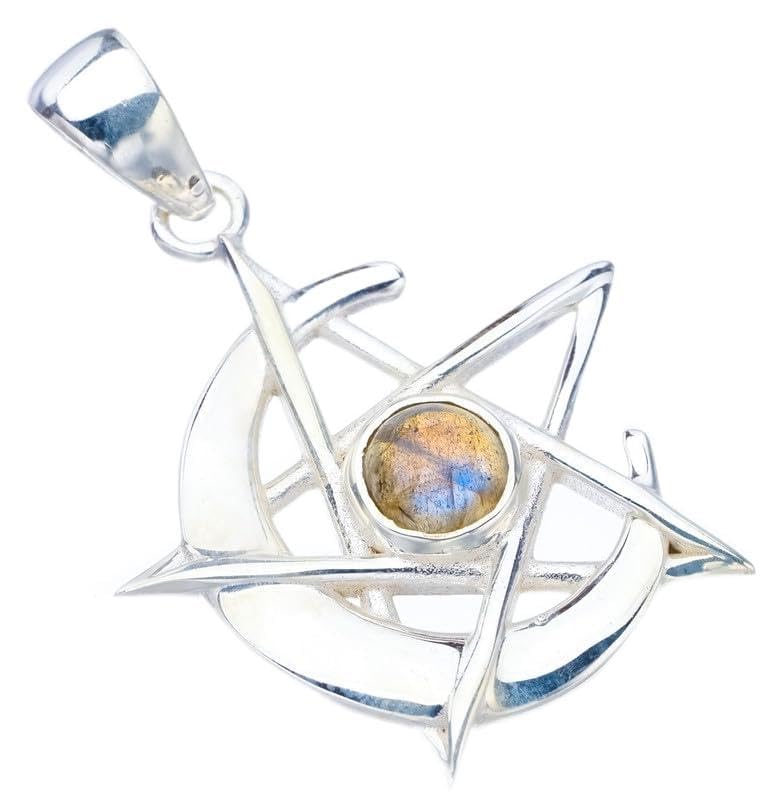 StarGems  Natural Blue Fire Labradorite Star And Moon Handmade 925 Sterling Silver Pendant 1.5