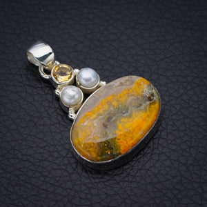 StarGems  Natural Bumble Bee Jasper Citrine And River Pearl Handmade 925 Sterling Silver Pendant 1.5" F4503