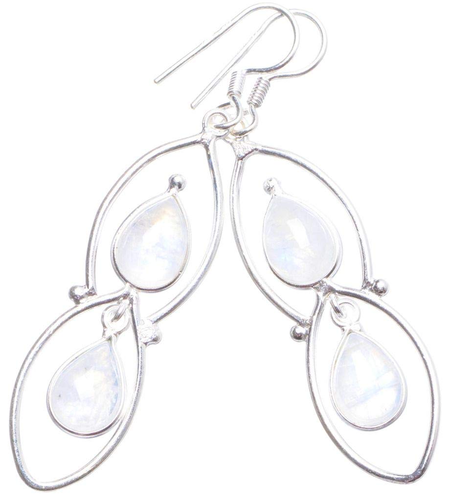 StarGems  Natural Rainbow Moonstone Handmade Unique 925 Sterling Silver Earrings 2.25