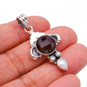 StarGems  Natural Smoky Quartz River Pearl Ox Handmade 925 Sterling Silver Pendant 1.75" F5186