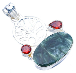 StarGems  Natural Seraphinite Garnet TreeHandmade 925 Sterling Silver Pendant 1.5" F4668