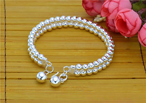 StarGems  Fixed Double-row Beads Handmade 999 Sterling Silver Bangle Bracelet For Women Cb0246