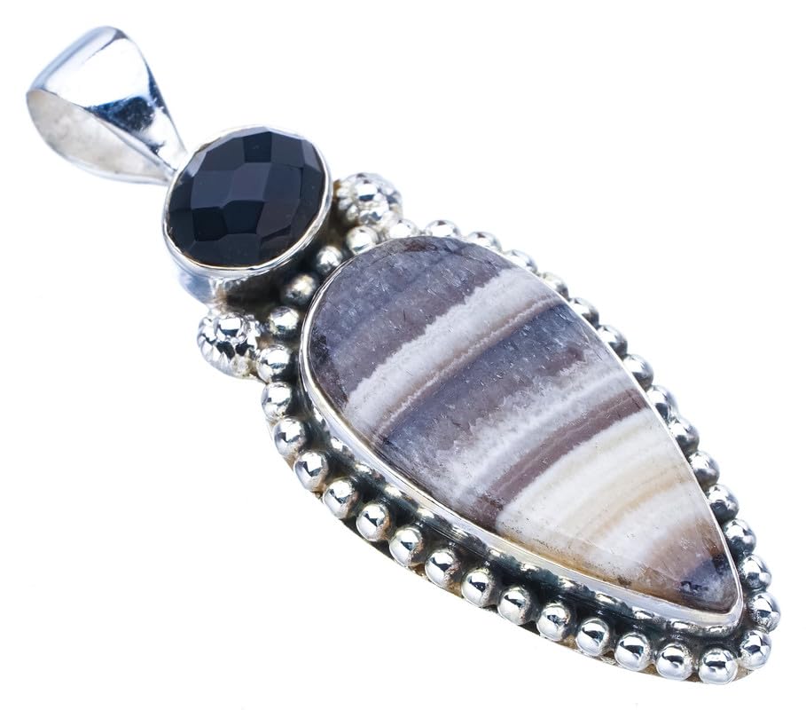 StarGems  Natural Zebra Calcite Black Onyx Handmade 925 Sterling Silver Pendant 1.75