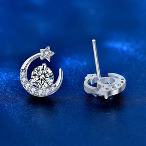 StarGems 0.5ct Moissanite 925 Silver Platinum Plated Moon&Star Zirconia Stud B4651