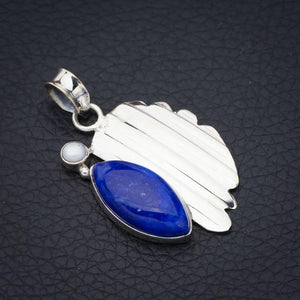 StarGems  Natural Lapis Lazuli River Pearl Leaf Handmade 925 Sterling Silver Pendant 1.5" F5388