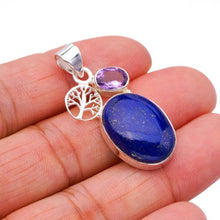 StarGems  Natural Lapis Lazuli Amethyst TreeHandmade 925 Sterling Silver Pendant 1.5" F5414