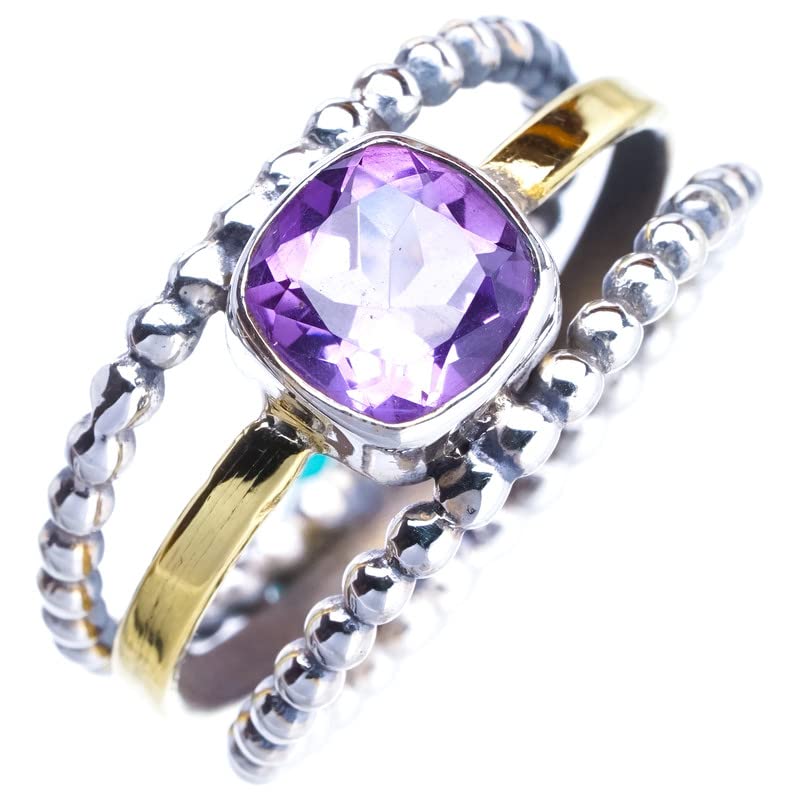 StarGems  Natural Amethyst Two Tones Three Layer Handmade 925 Sterling Silver Ring 10.5 E9308