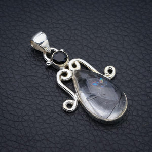 StarGems  Natural Rutilated Quartz Black Onyx Handmade 925 Sterling Silver Pendant 1.75" F3927