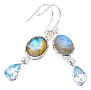 StarGems  Natural Labradorite Blue TopazHandmade 925 Sterling Silver Earrings 1.75" F5785