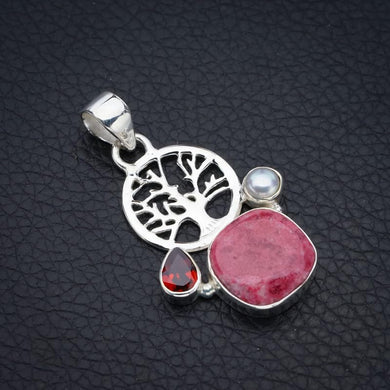 StarGems  Natural Pink Thulite River Pearl And Garnet TreeHandmade 925 Sterling Silver Pendant 1.5