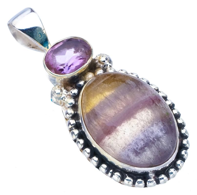 StarGems  Natural Fluorite Amethyst Handmade 925 Sterling Silver Pendant 1.5