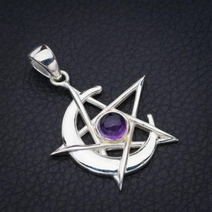 StarGems  Natural Amethyst Star And Moon Handmade 925 Sterling Silver Pendant 1.5" F5334